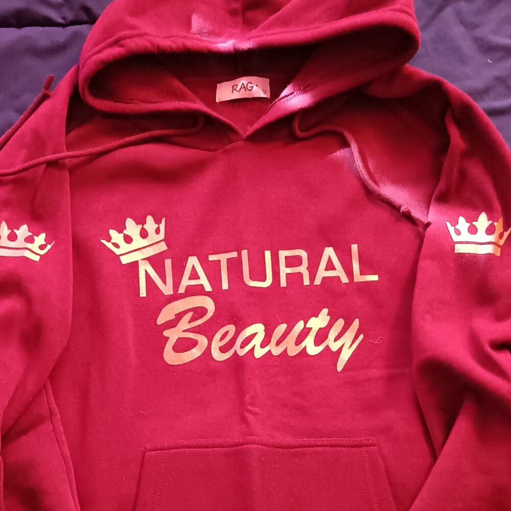 RAGA Red Hoodie Sweater with Gold 'Natural Beauty' Script